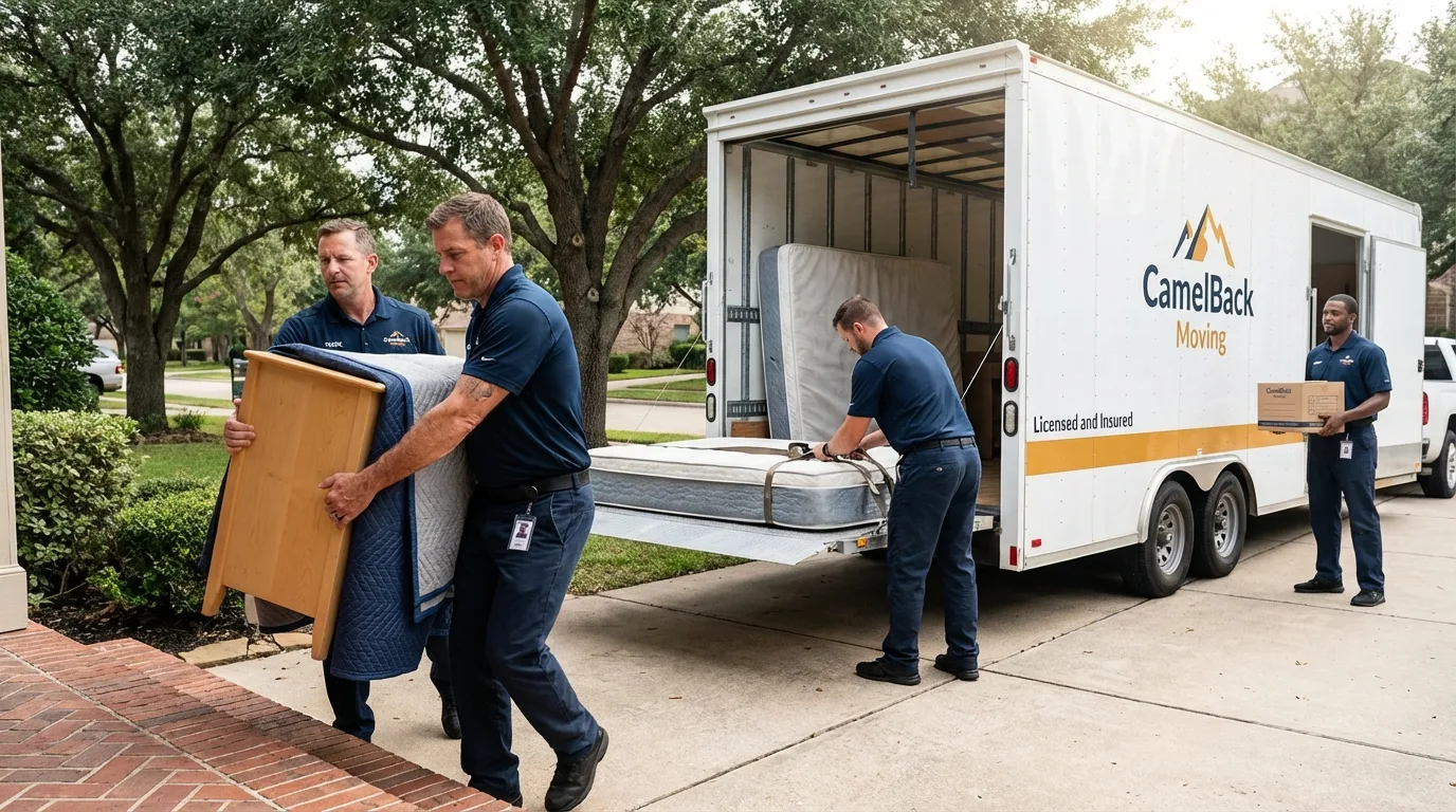 Crew loading residential truck for cross-state move from DeMotte, IN