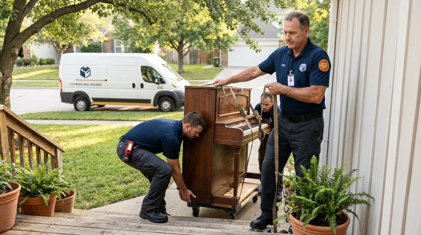 Licensed piano movers securing grand piano in DeMotte, IN