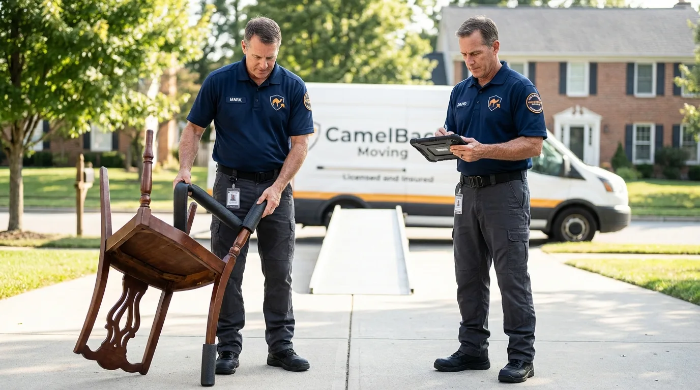 Movers inspecting furniture for damage prevention before loading in DeMotte, IN