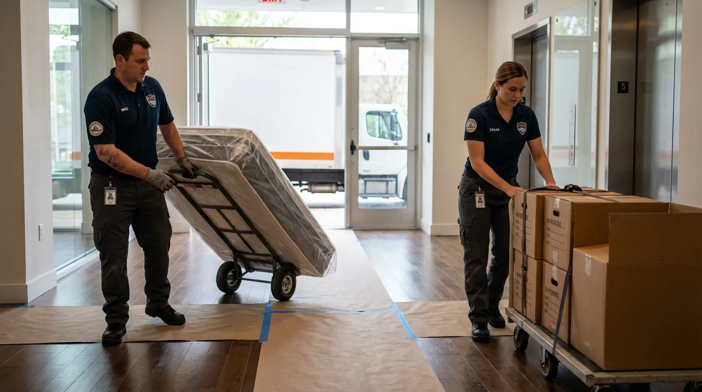 Professional apartment movers loading elevator in DeMotte, IN
